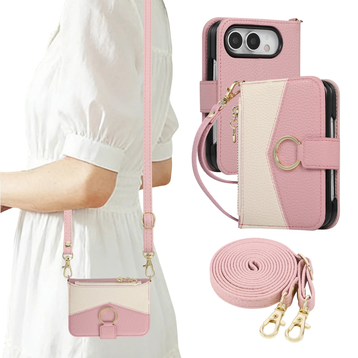 Quilted Leather Crossbody Wallet Case with Detachable Long Strap for iPhone Duo