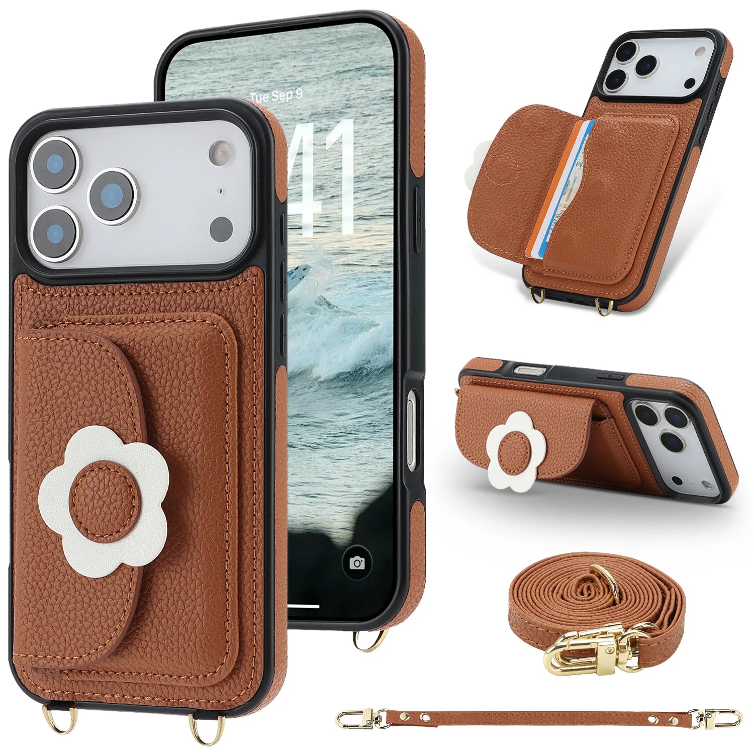 Crossbody Leather Wallet Case with Card Slots and Stand for iPhone 17 Series