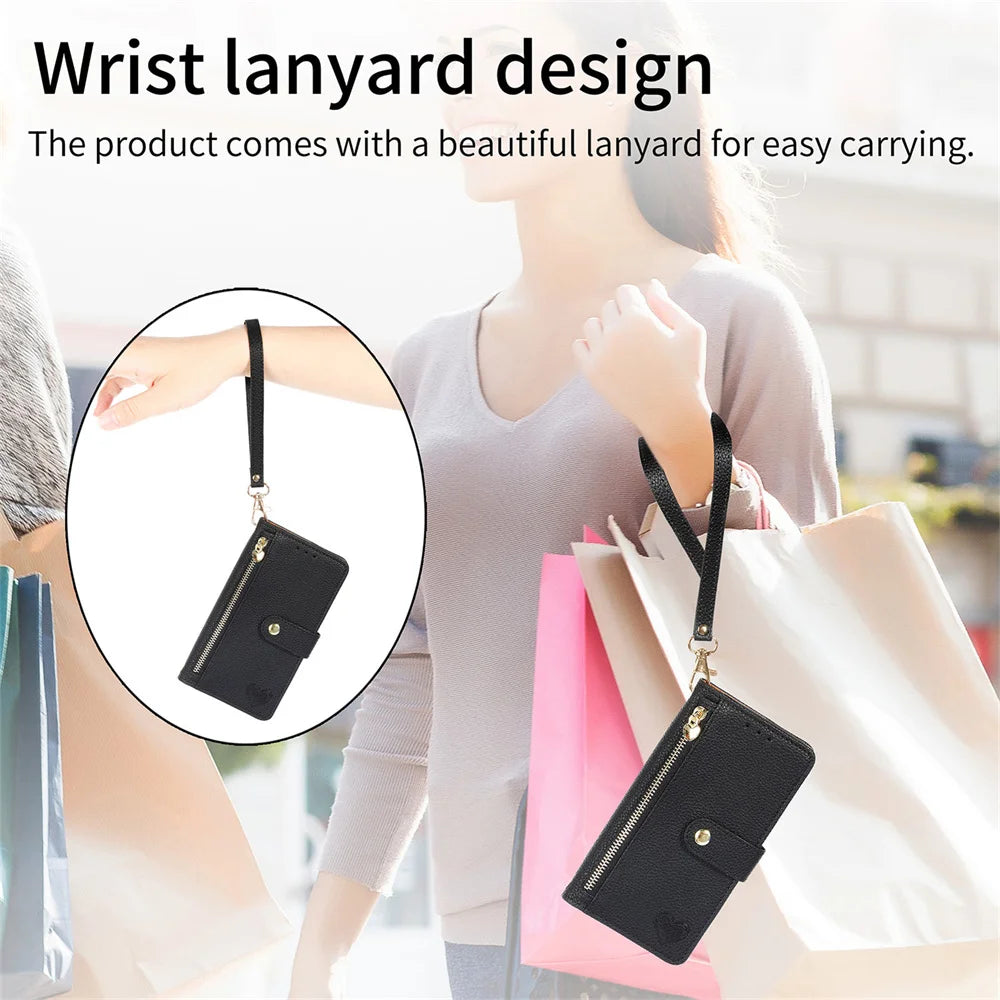 RFID Blocking Leather Zipper Wallet Phone Case with Wrist Strap for iPhone 17 Series