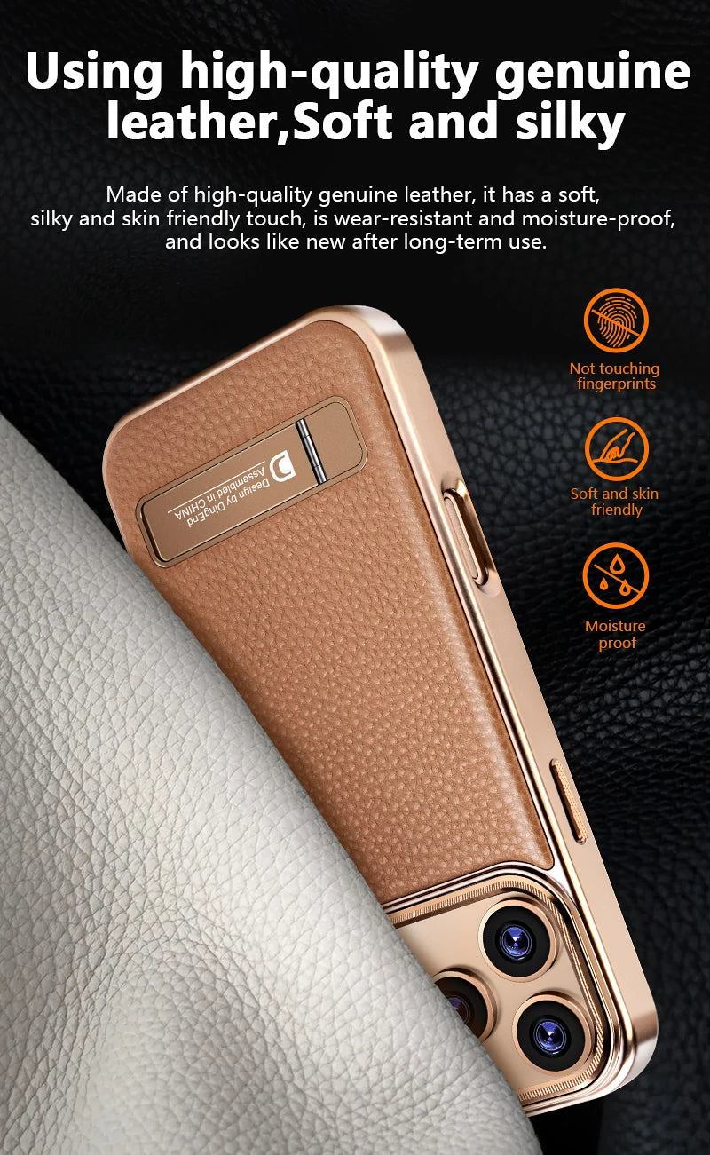 Premium Electroplated Leather Magsafe Case with Foldable Stand for iPhone 17 Series
