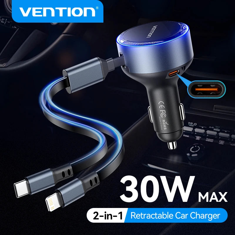 Vention 60W PD Fast Charging Retractable Car Chargerc