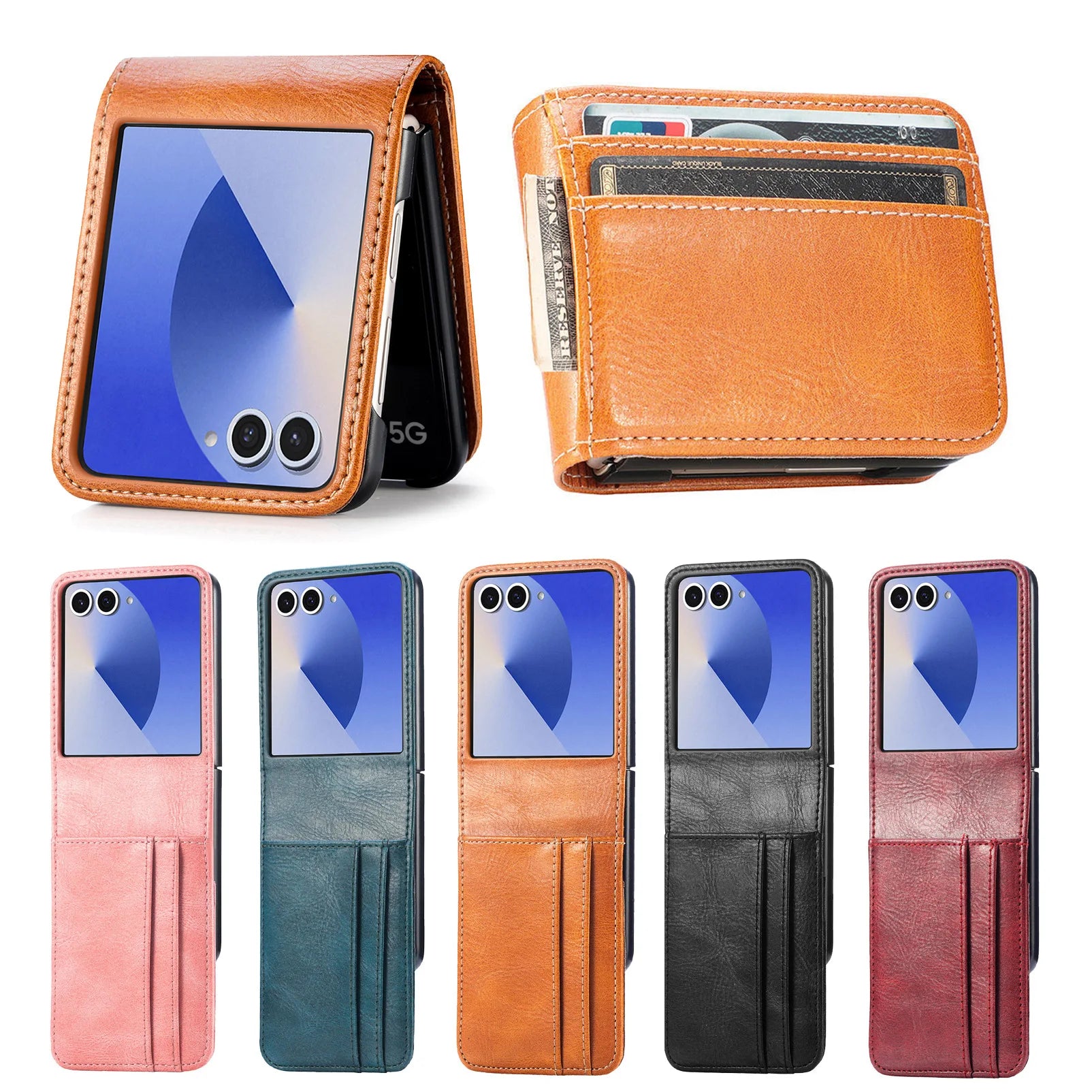 Samsung Galaxy Z Flip 7 PU Leather Protective Case with Built-in Card Holder