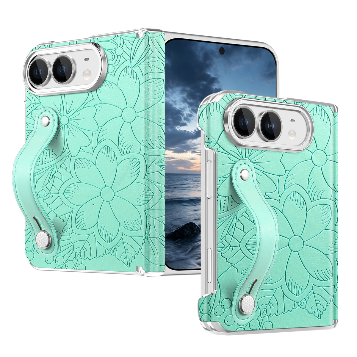 Embossed Floral Leather Case with Wrist Strap and Hinge Protection for iPhone Duo