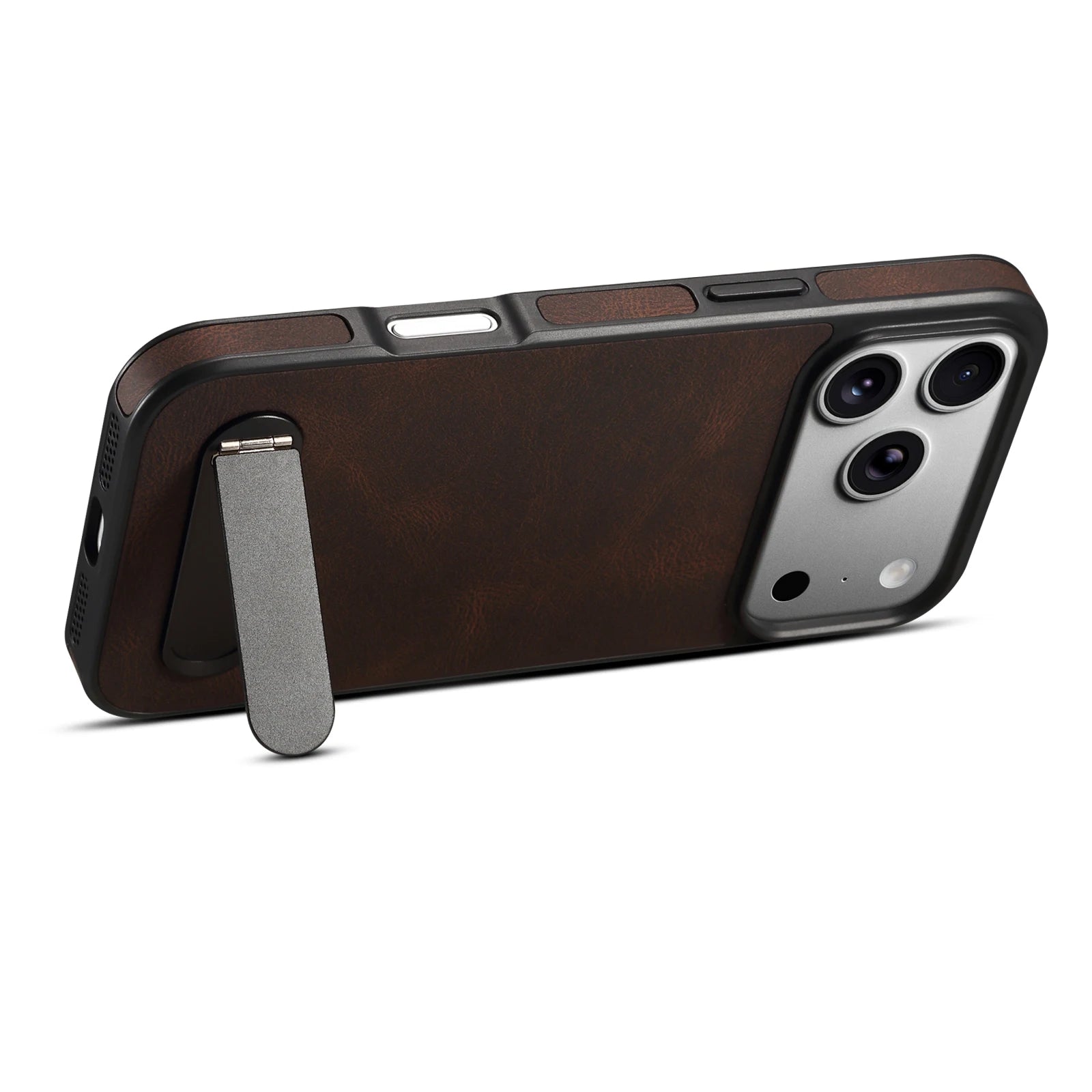 Luxury Retro PU Leather MagSafe Case with Metal Stand for iPhone 17 Series