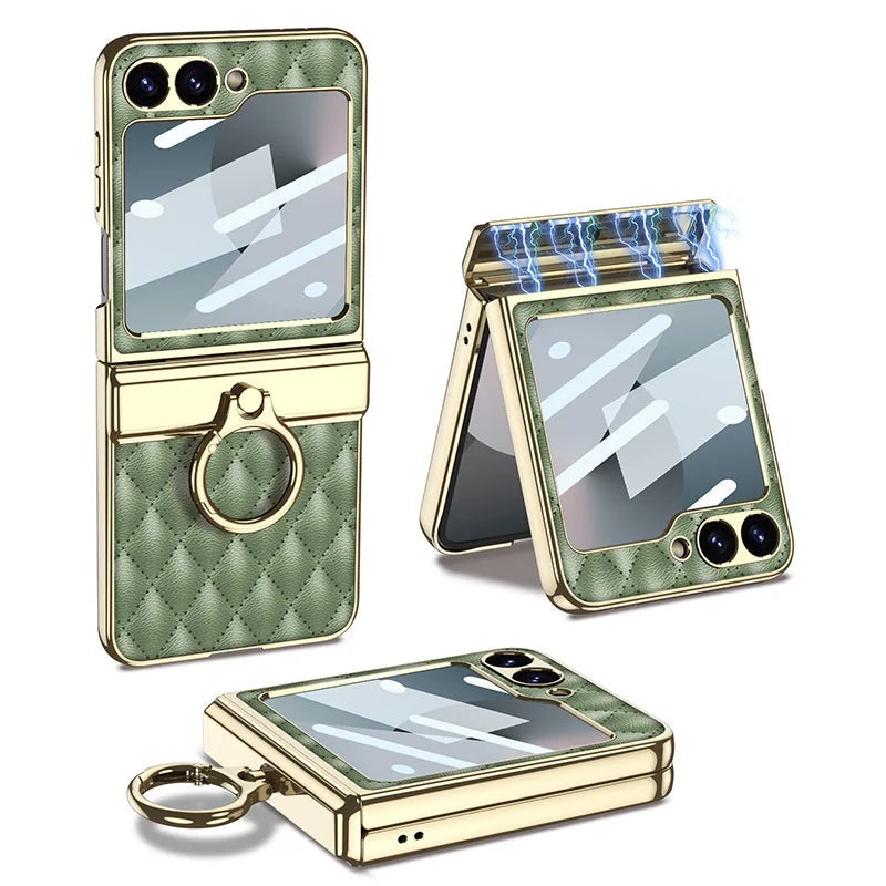 Electroplated PU Leather Case with Ring Holder for Samsung Galaxy Z Flip 6