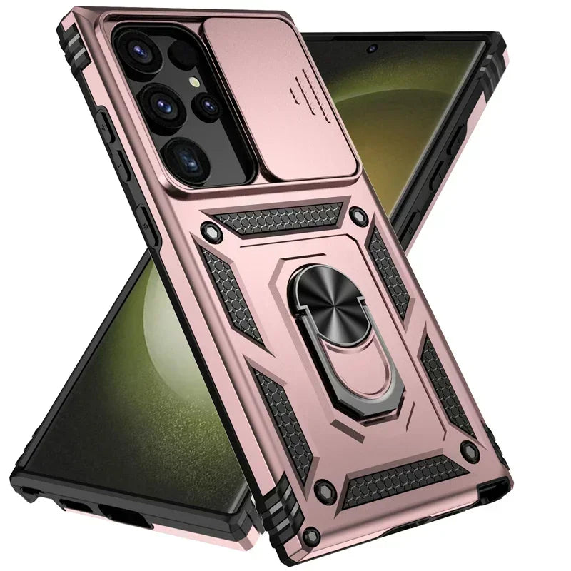 Military Grade Slide Camera Lens Armor Case with Ring Stand for Samsung Galaxy S25 Series