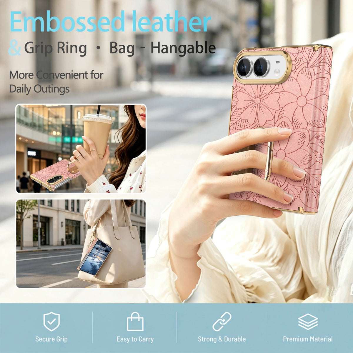 Embossed Leather Case with Carabiner Ring for iPhone Duo