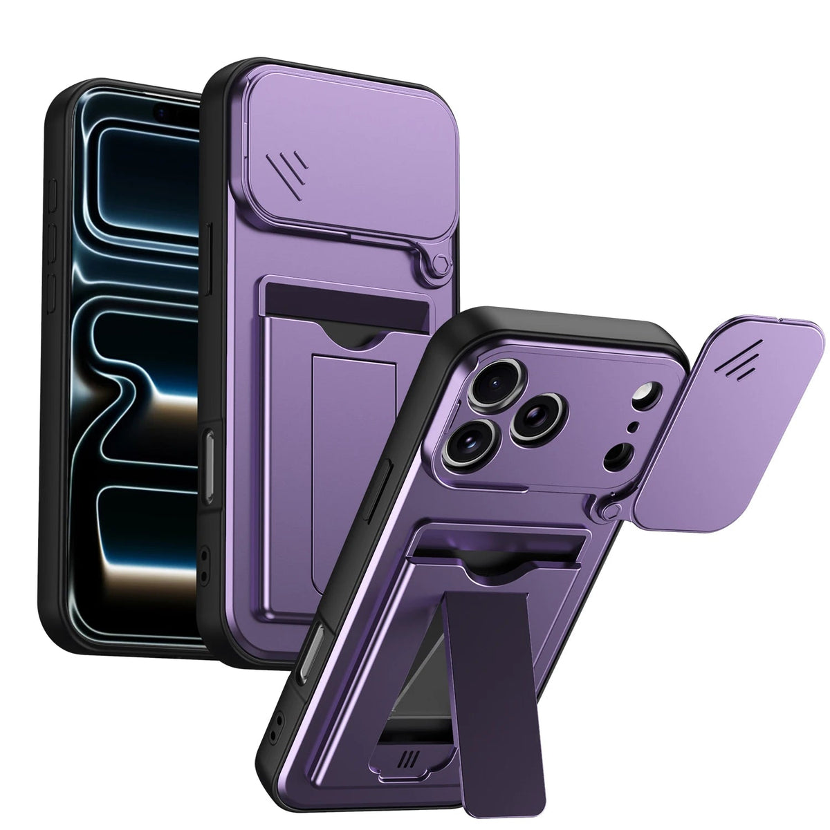 Dual-Layer Sliding Card Holder Kickstand Case with Lens Protection for iPhone 18 Series