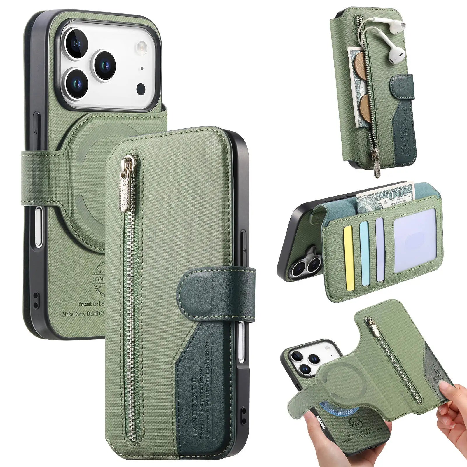 Shockproof Leather Flip Case with Detachable Zipper Wallet for iPhone 17 Series