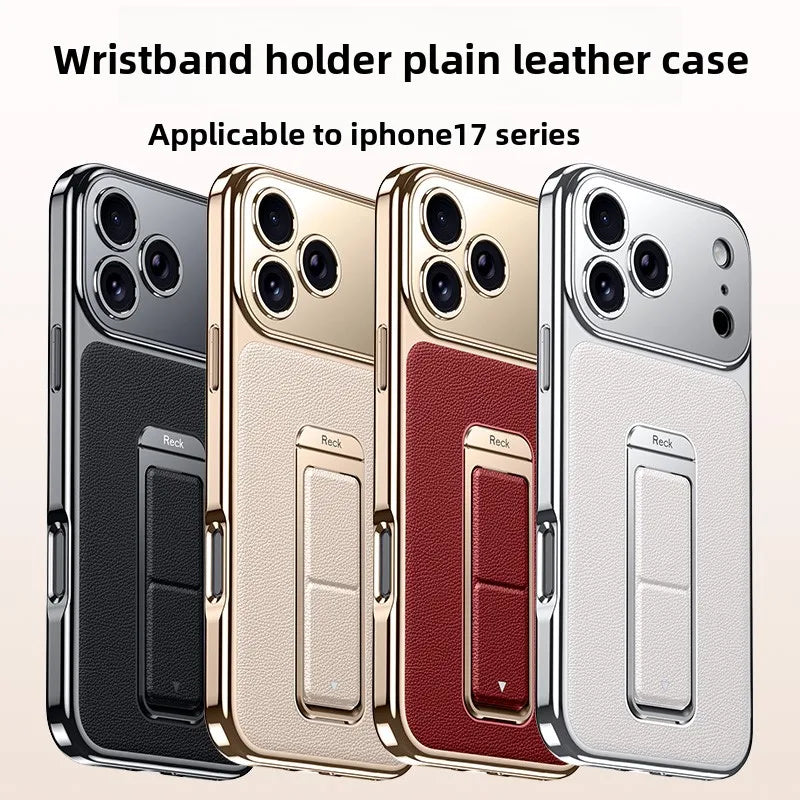 Luxury Business Leather Case with Alloy Kickstand and Wrist Strap for iPhone 17 Series