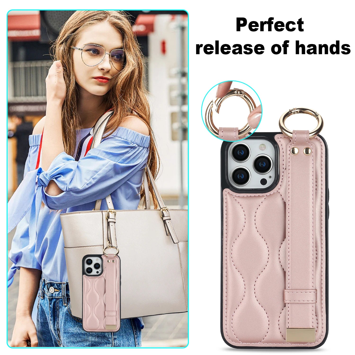 Shockproof Leather Phone Case with Wrist Strap & Ring for iPhone 15 Series