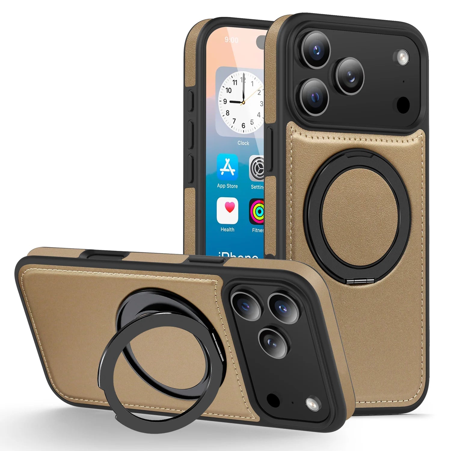 Premium Leather MagSafe Case for iPhone 17 Series with 360° Rotating Ring Stand