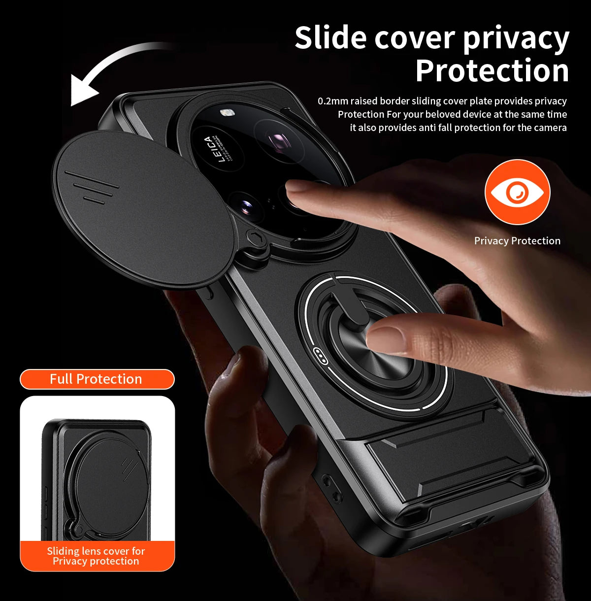 Sliding Lens Cover Armor Case with Rotating Ring Stand for Xiaomi 15 Ultra