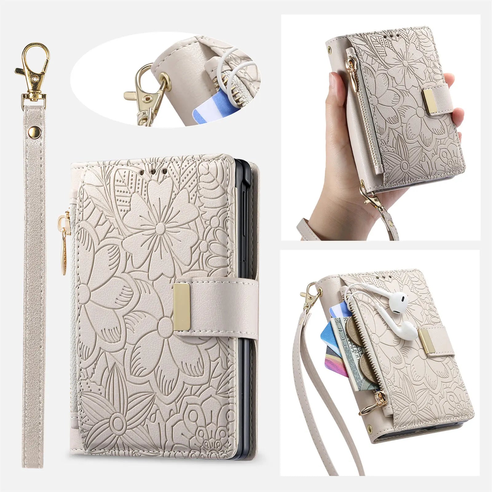 Fashion Leather Wallet Case with Zipper Pocket and Strap for Samsung Galaxy Z Fold 8