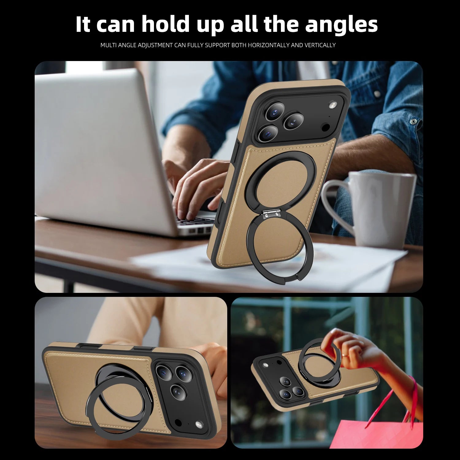 Premium Leather MagSafe Case for iPhone 17 Series with 360° Rotating Ring Stand