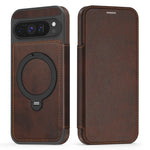 Google Pixel 10 Series Magnetic Leather Flip Case With Card Slot and Ring Holder