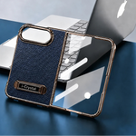 Leather-Texture Electroplated Kickstand Case with Metal Built-In Stand for iPhone Duo