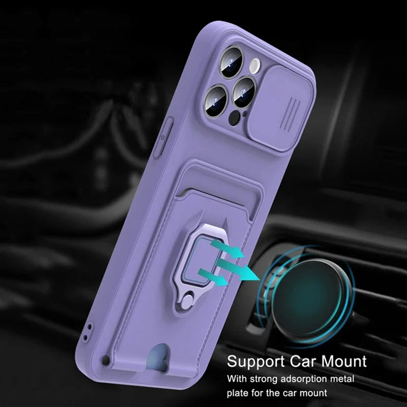 iPhone 15 Series Magnetic Wallet Case with Card Holder & Slide Camera Protection