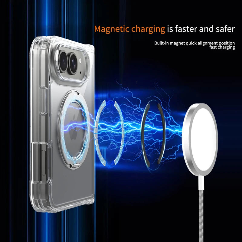 Shockproof Transparent MagSafe Case with 360° Rotating Ring Stand for iPhone Duo