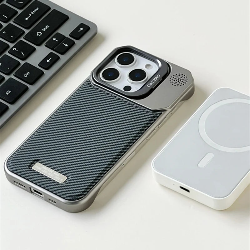 Carbon Fiber Pattern MagSafe Case with Alloy Lens Holder for iPhone 16 Series