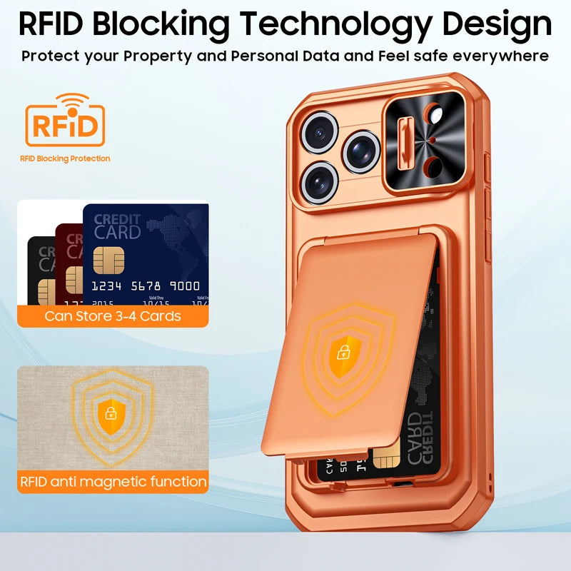 Shockproof PC+TPU Slide Camera Lens Protection Case with 3-Card Wallet for iPhone 18 Series