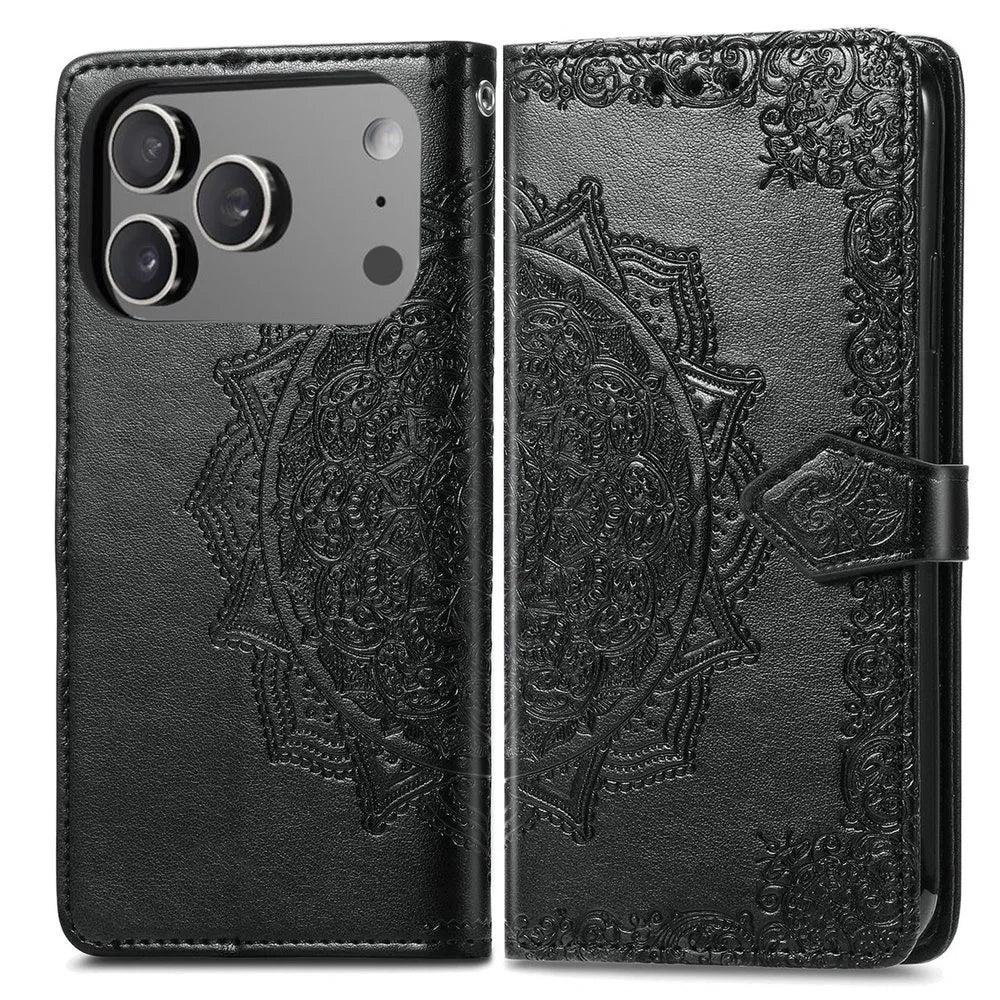 Premium Leather 3D Engraved Flip Wallet Case for iPhone 17 Series