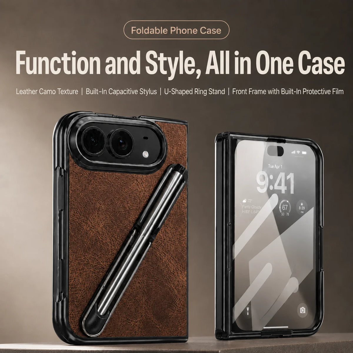 Vegan Leather Foldable Case With Built-In Capacitive Stylus for iPhone Duo