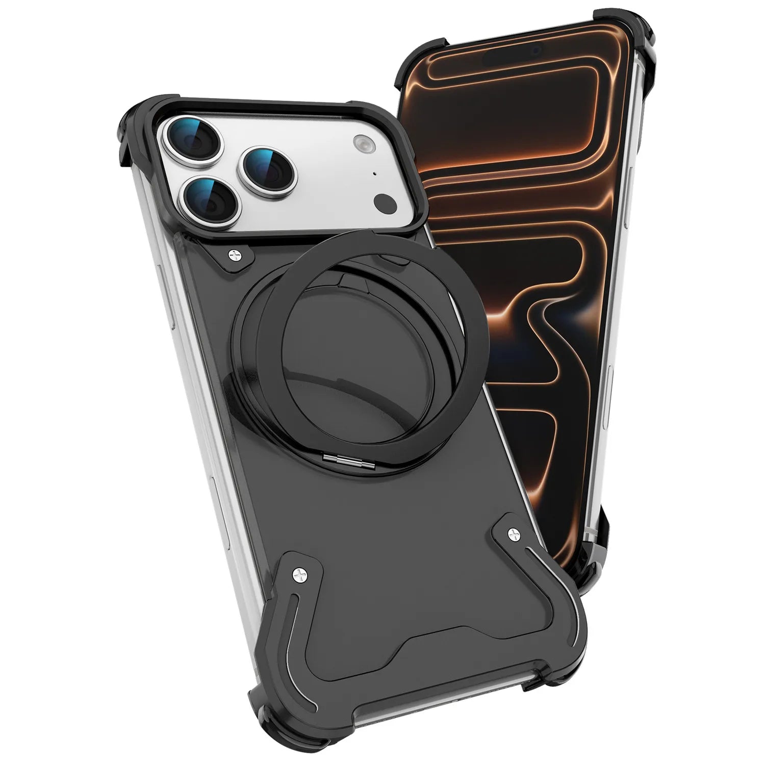 Frameless Aluminum MagSafe Armor Case with 360° Rotating Ring Stand for iPhone 17 Pro & iPhone 17 Pro Max