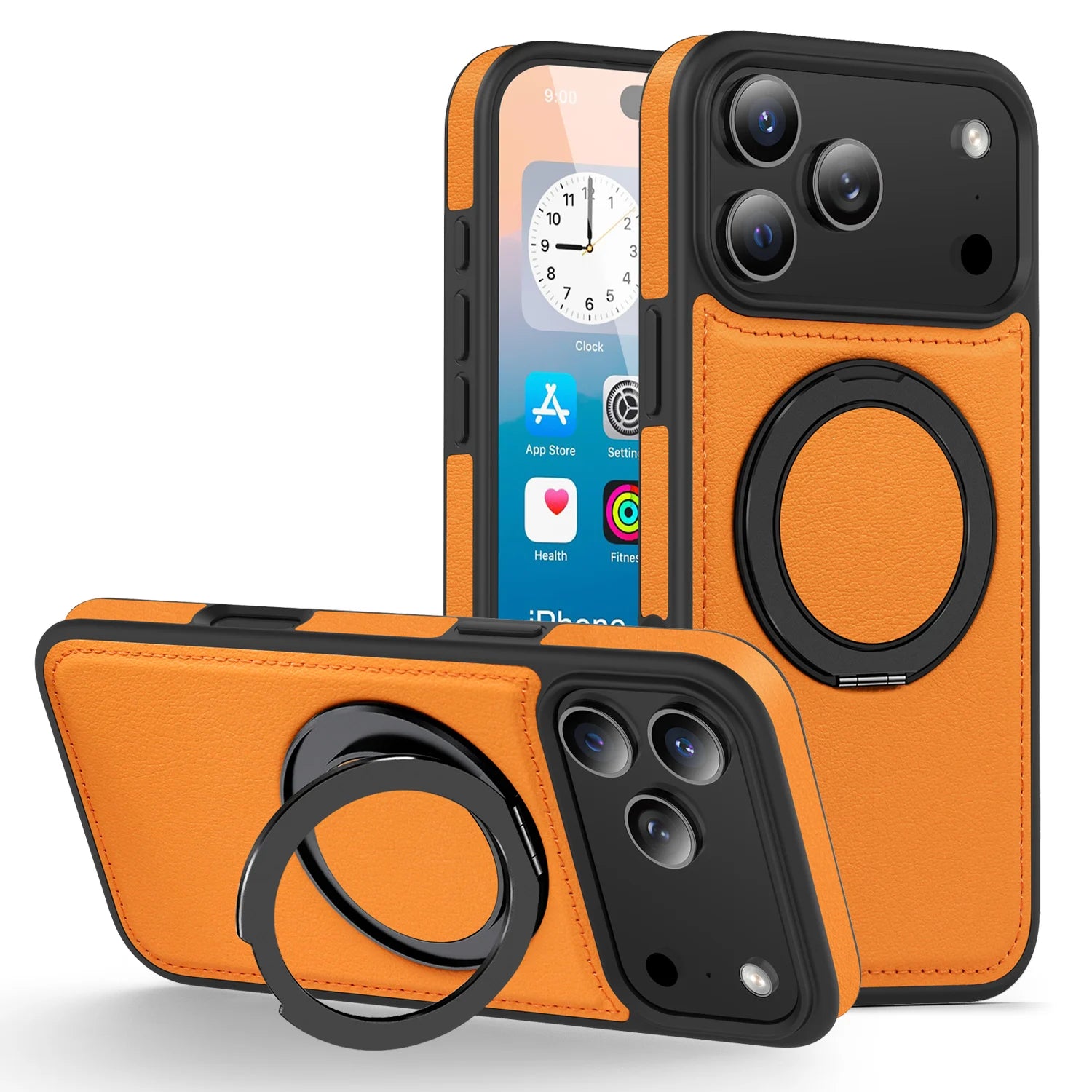 Premium Leather MagSafe Case for iPhone 17 Series with 360° Rotating Ring Stand