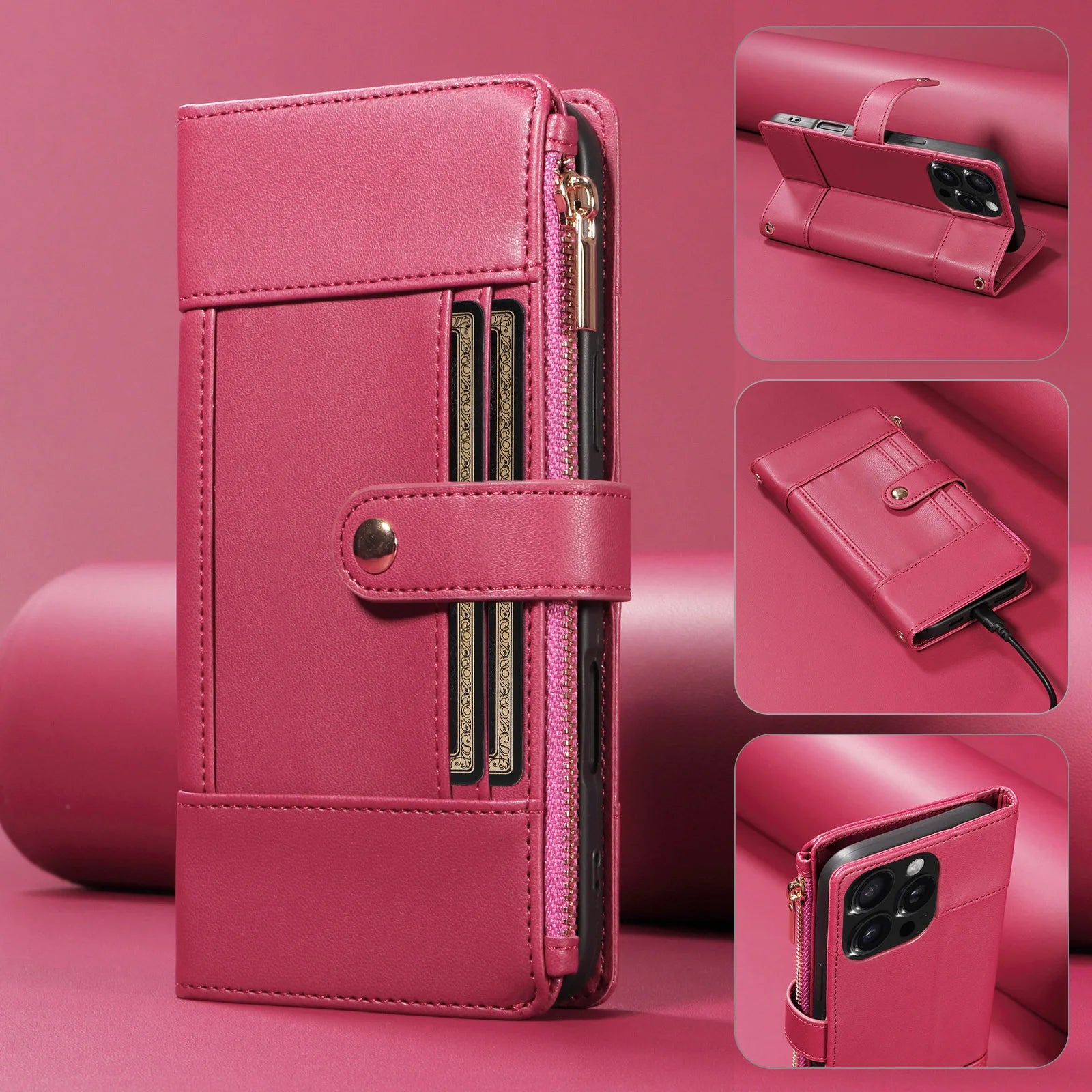 Samsung Galaxy S24 Series Leather Phone Case with Crossbody Strap and Zipper Wallet