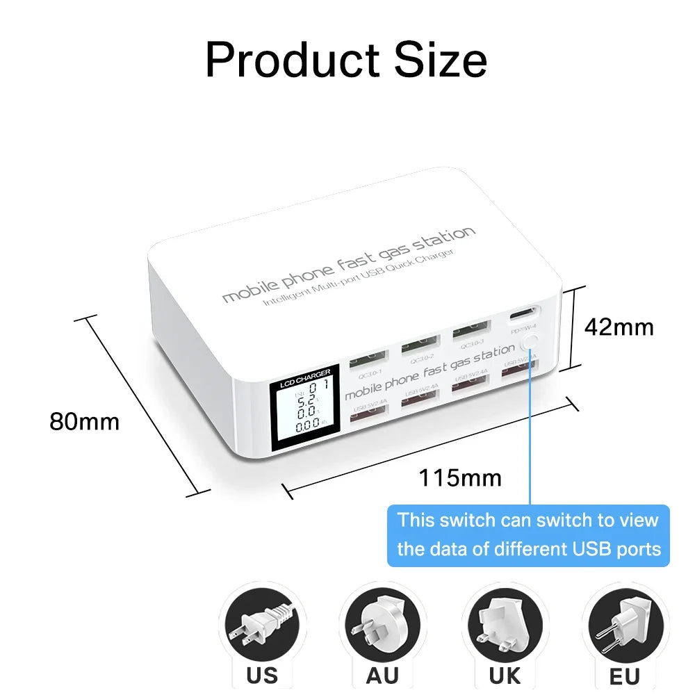ASOMETECH 100W GaN Multi-Port USB Charger 8 Ports with Quick Charge and Digital Display