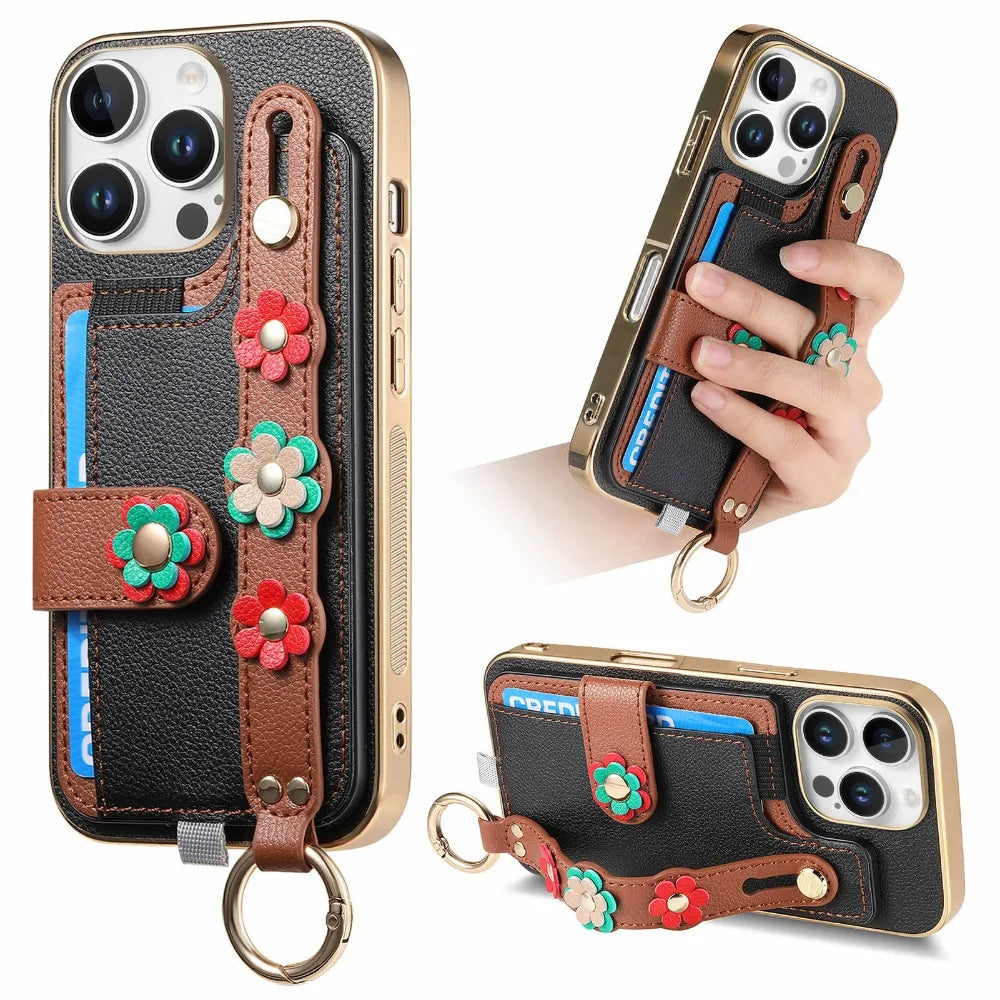 Shockproof Leather Wallet Case with Wrist Strap for iPhone 15 Series