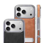Luxury Electroplated PU Leather Case with Foldable Alloy Stand for iPhone 17 Series