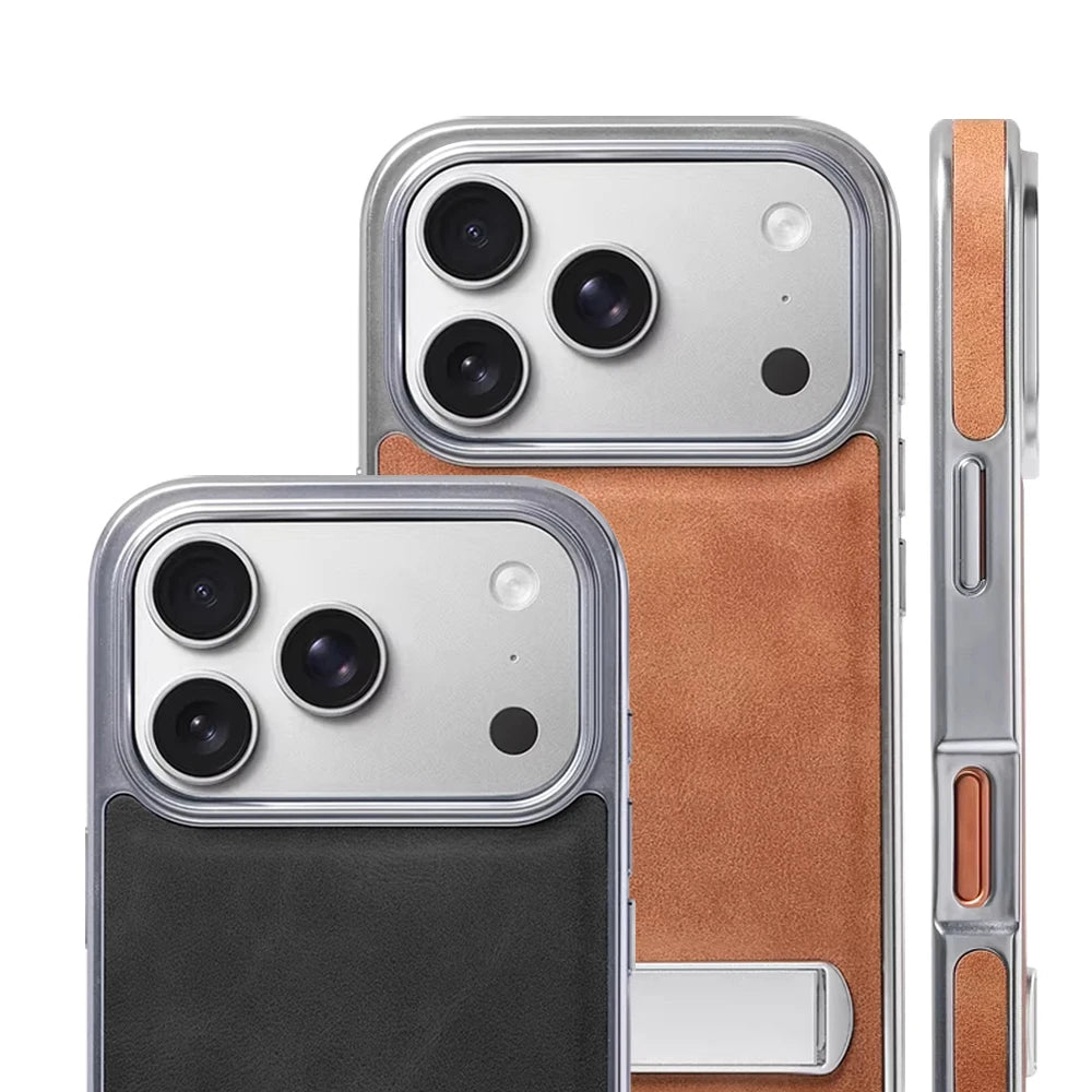 Luxury Electroplated PU Leather Case with Foldable Alloy Stand for iPhone 17 Series