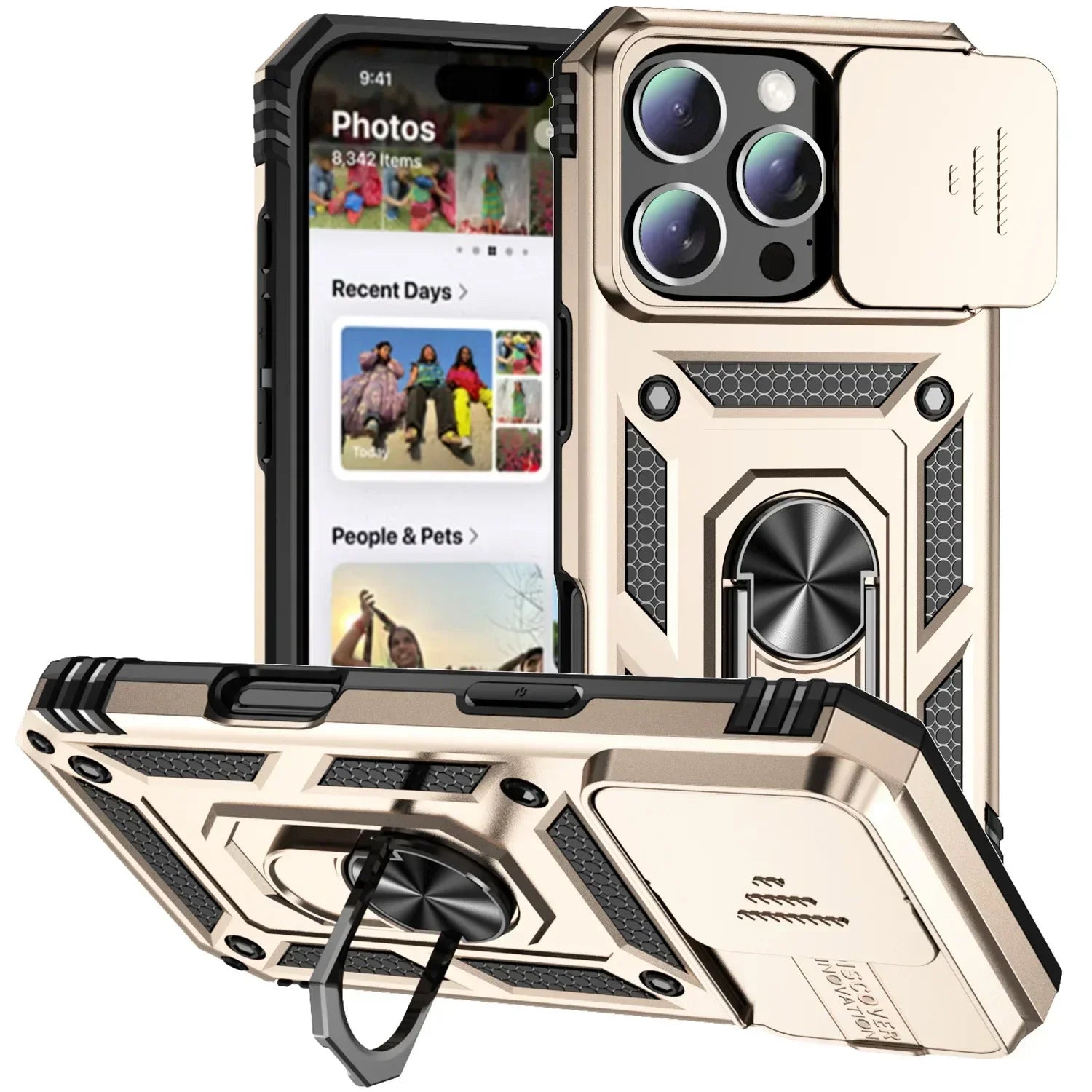 Military-Grade Armor Case with Rotating Ring Stand & Slide Camera Lens for iPhone 16 Series