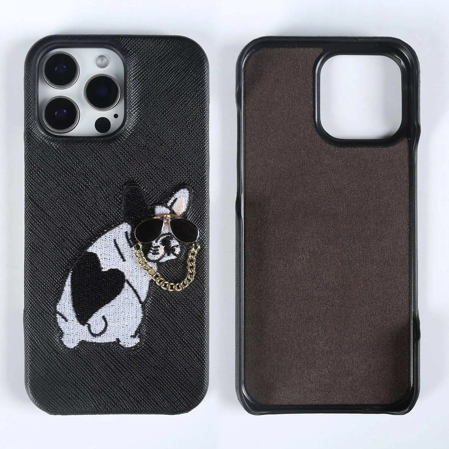 iPhone 16 Series Real Cowhide Leather Case with Embroidered Dog Design