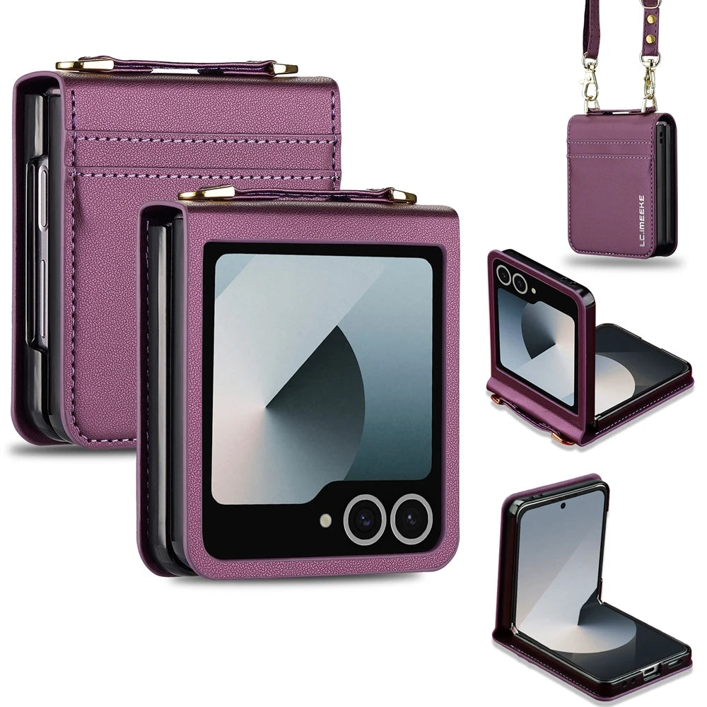 Crossbody Leather Phone Case with Card Slots & Lanyard for Samsung Galaxy Z Flip 6