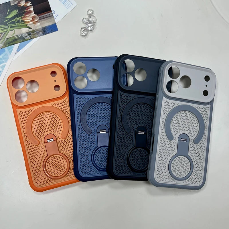iPhone 17 Series Hollow Honeycomb PC Case with 360° MagSafe Bracket Stand