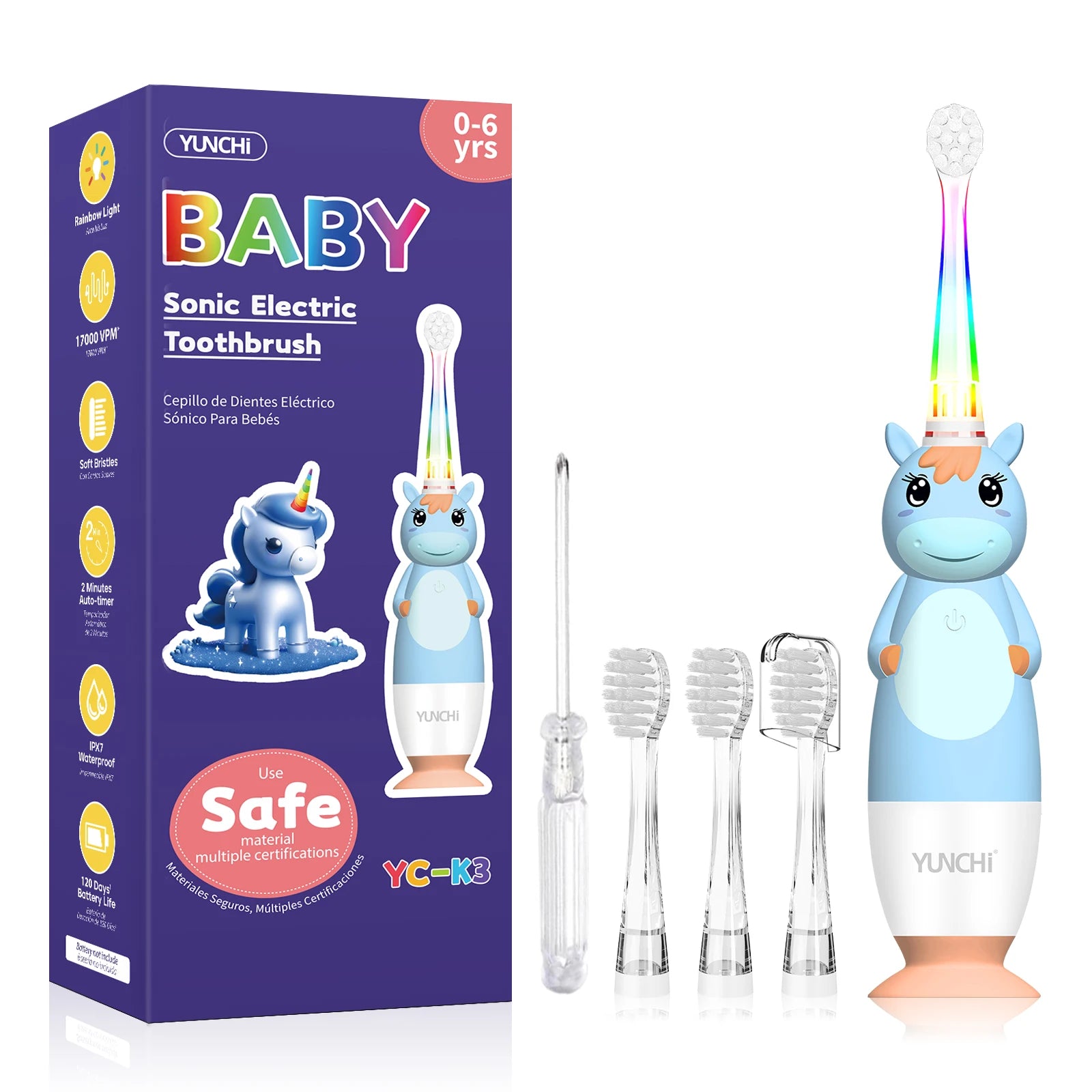 Yunchi K3 Kids Sonic Electric Toothbrush with 4 Brush Heads