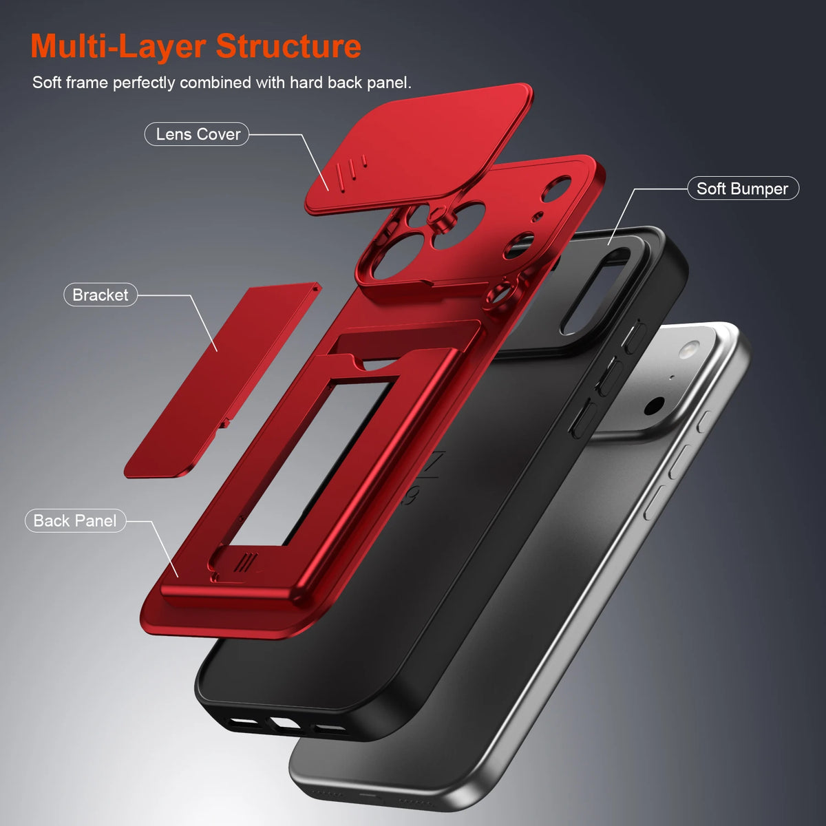 Dual-Layer Sliding Card Holder Kickstand Case with Lens Protection for iPhone 18 Series