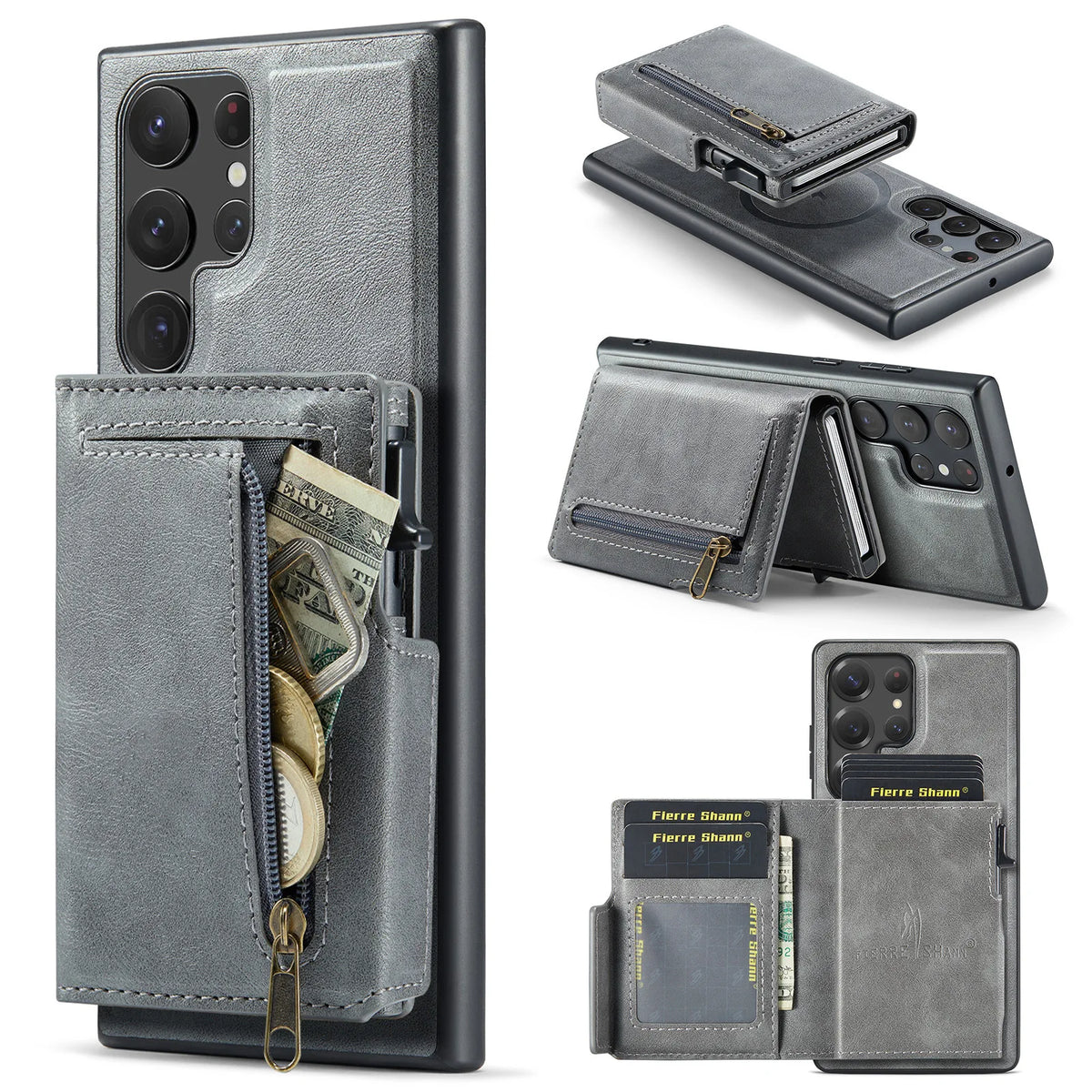 Leather Detachable Magnetic Card Holder Case with Zipper Pouch for Samsung Galaxy S26 Series