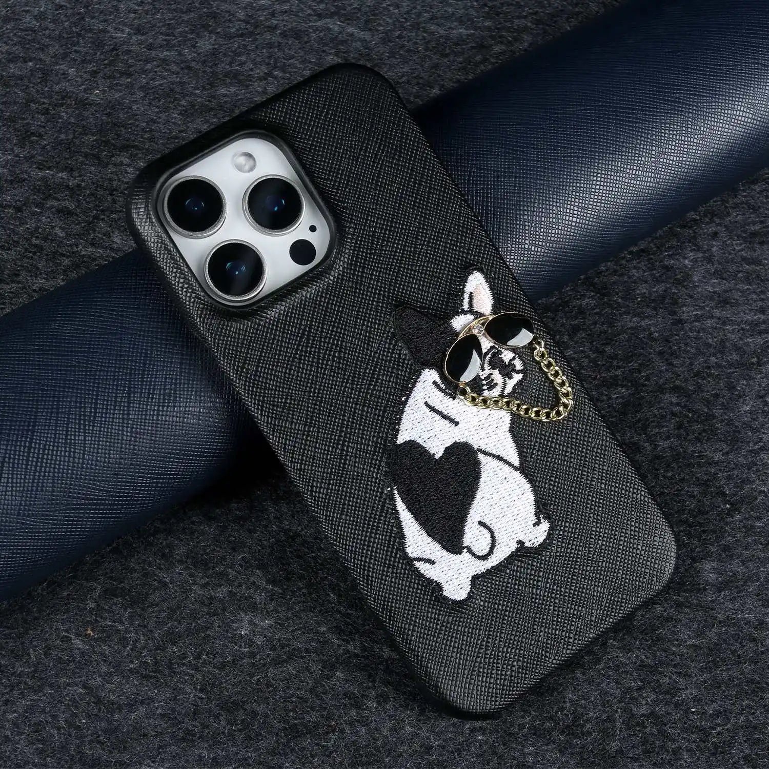 iPhone 15 Series Real Cowhide Leather Case with Embroidered Dog Design