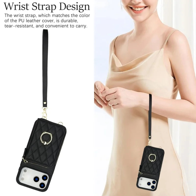 Leather Wallet Phone Case with Adjustable Lanyard for iPhone 17 Series