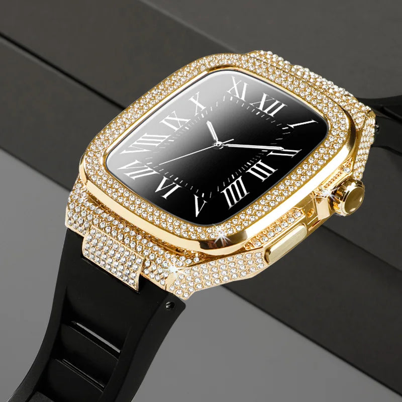 Diamond-Encrusted Stainless Steel Case with Rubber Strap for Apple Watch