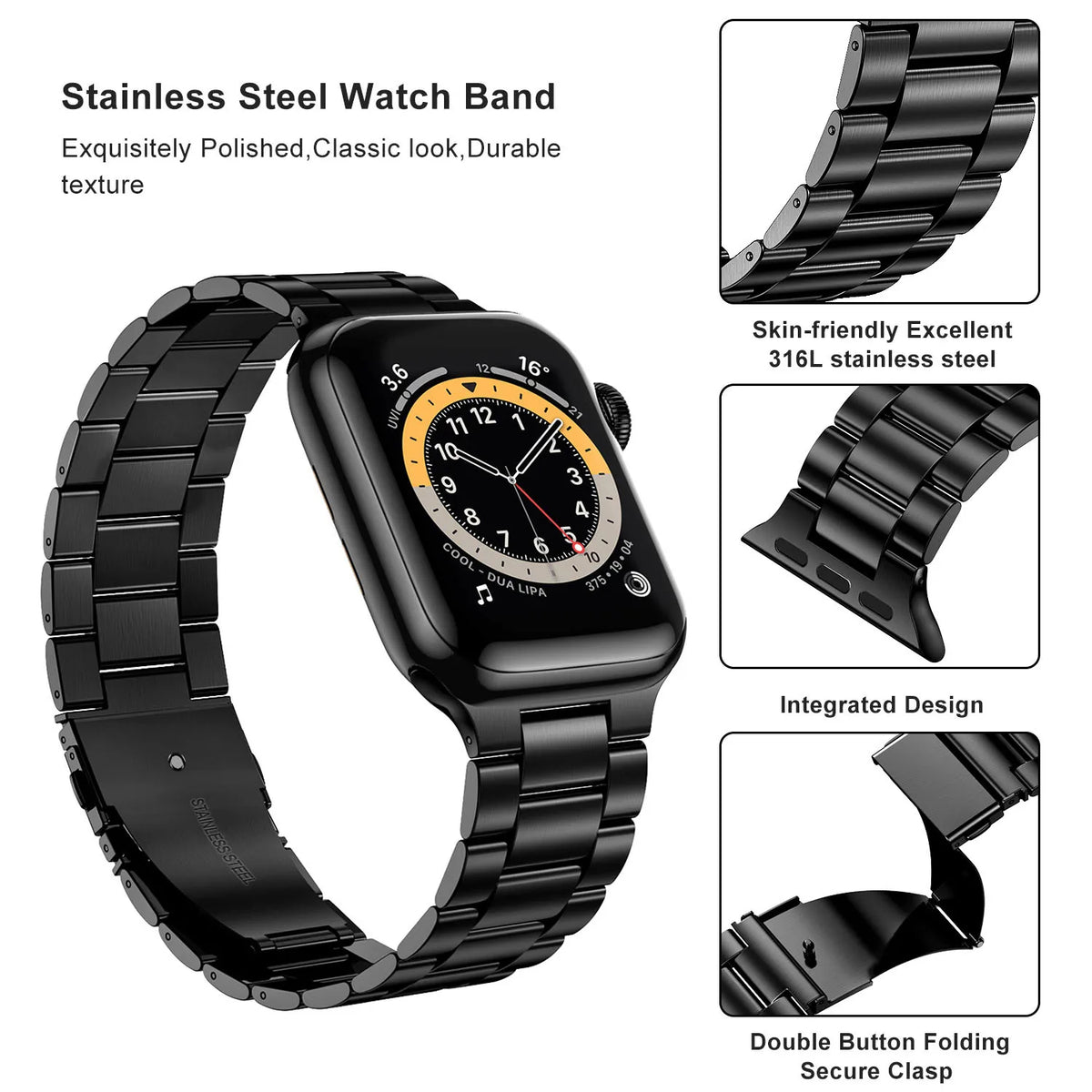 Polished Stainless Steel Band with Double-Button Folding Clasp for Apple Watch