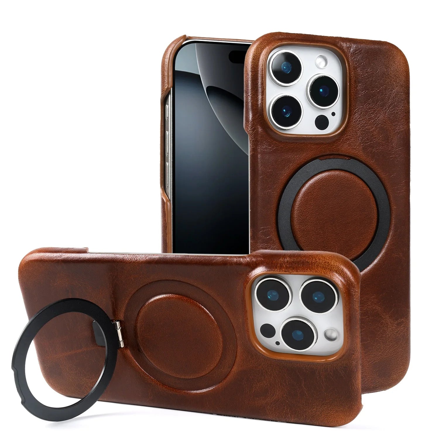 Premium Genuine Leather Case with Foldable Stand for iPhone 16 Series
