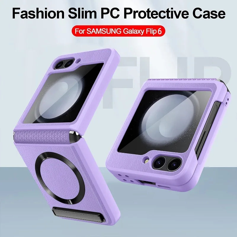 Samsung Galaxy Z Flip 6 Leather Magnetic Case with Glass Film & Hinge Guard