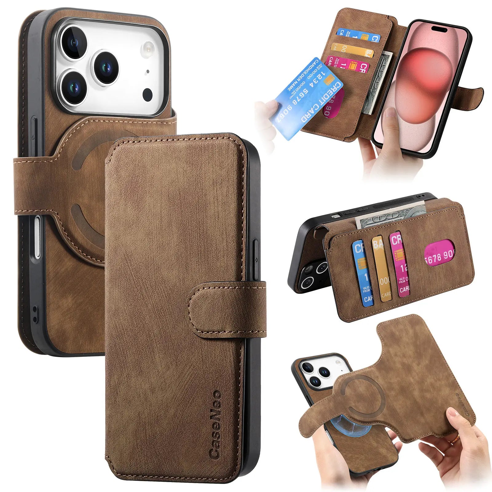 Premium 2-in-1 MagSafe Leather Case with Flip Card Holder for iPhone 17 Series
