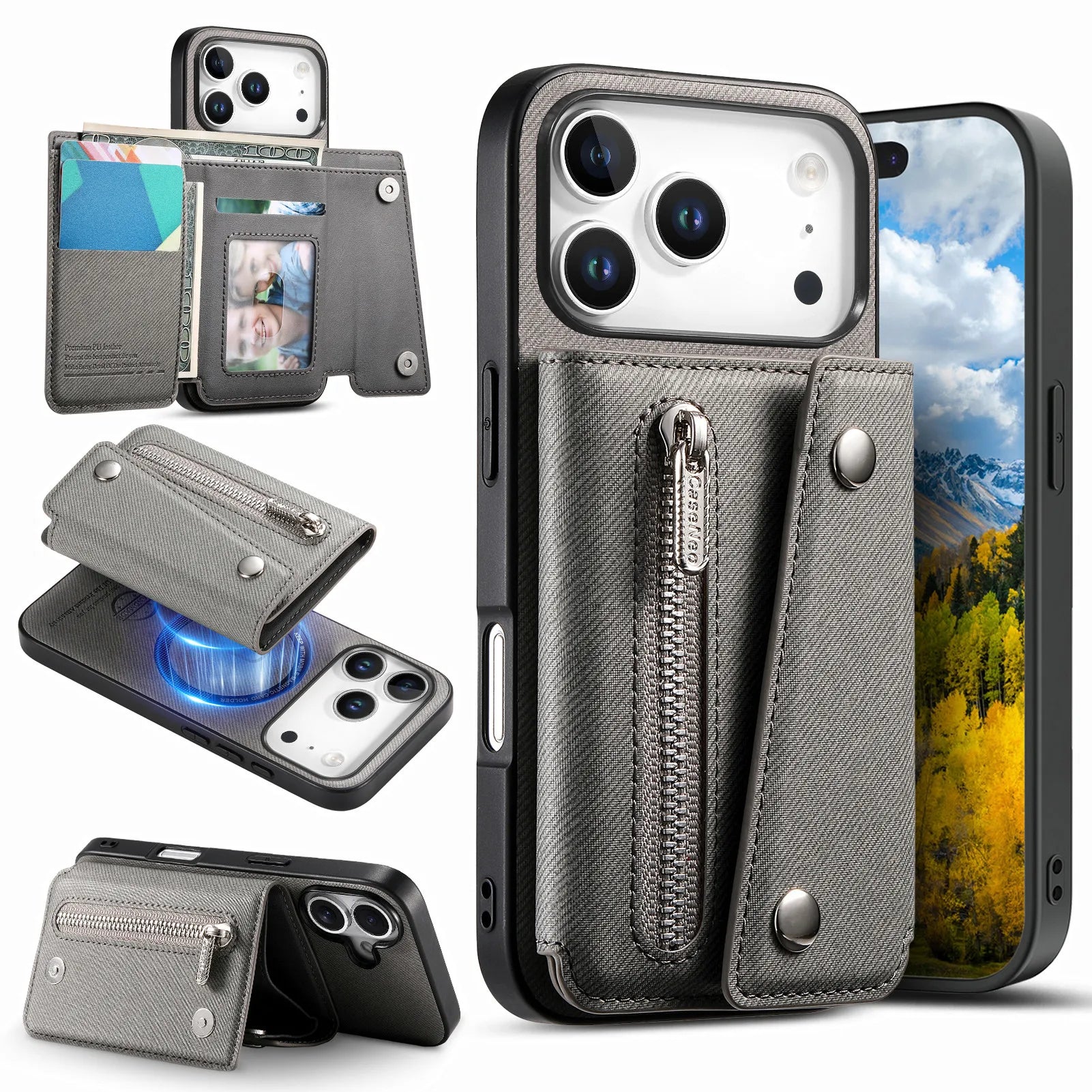 MagSafe Compatible Leather Case with Detachable Zipper Pocket for iPhone 17 Series