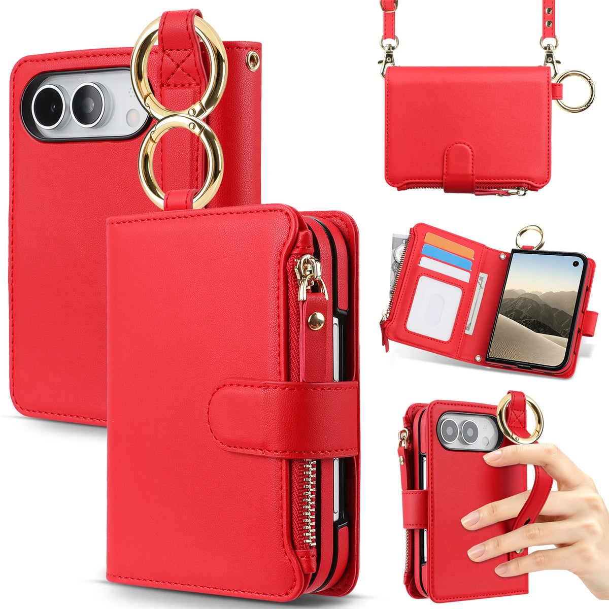 Zipper Wallet Case with Ring Hanger and Card Slots for iPhone Duo